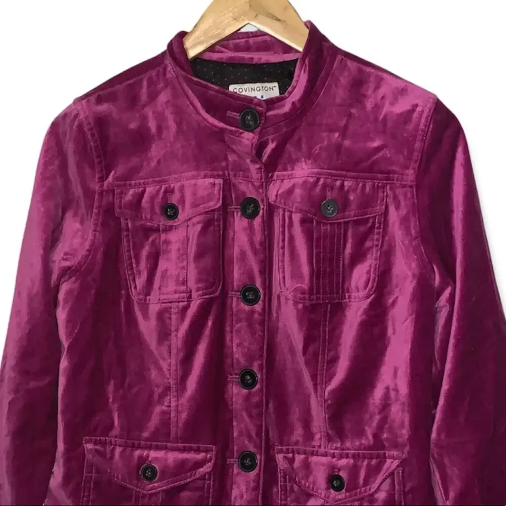 Covington Magenta Fushia Velvet Fully Lined Button Front Jacket Size SMALL